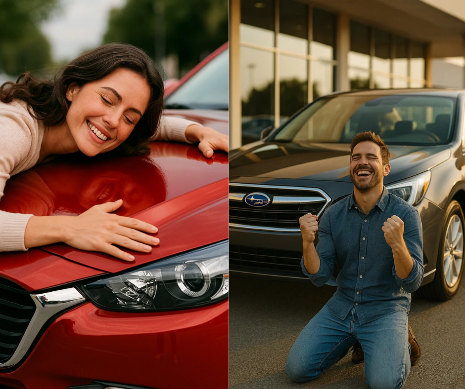 Clientes felizes com seus novos carros